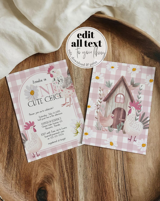 Chicken First Birthday Invitation Girls, Boho Daisy ONE cute Chick 1st Birthday Invite, Cute Chicken Farm Barn Animal Printable Template#068 - TheLovebirdsDesign