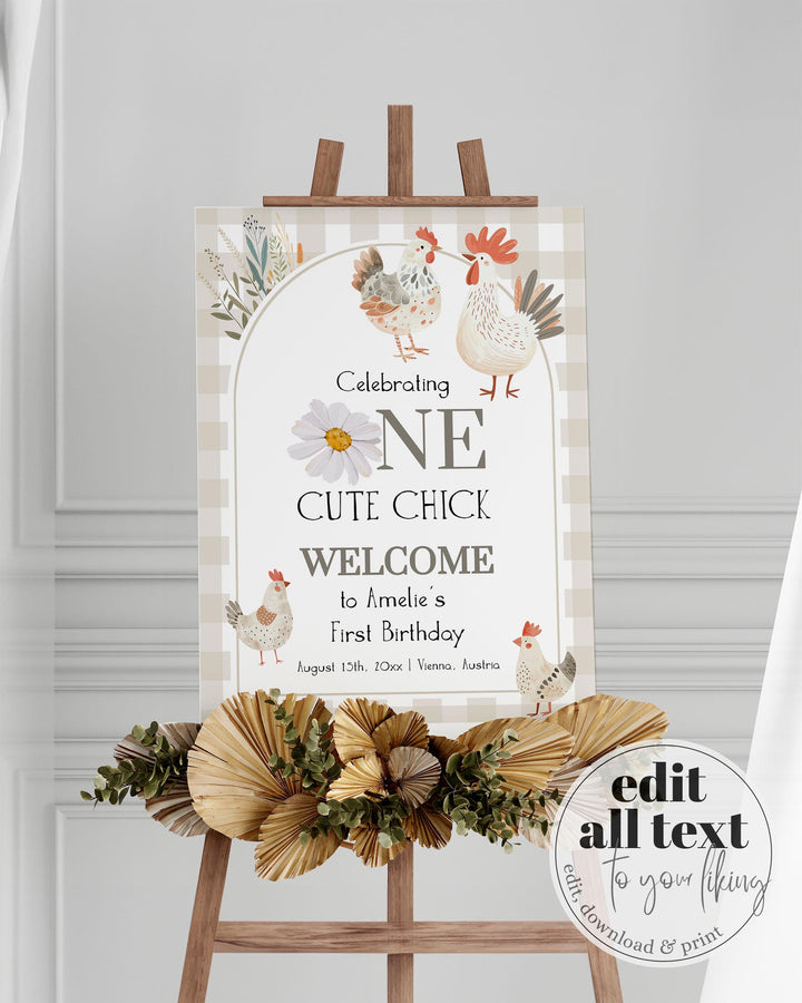One Cute Chick First Birthday Welcome Sign, Gender Neutral Chicken Themed 1st Birthday Sign, Cute Farm Animal Decor Printable Template #068 - TheLovebirdsDesign