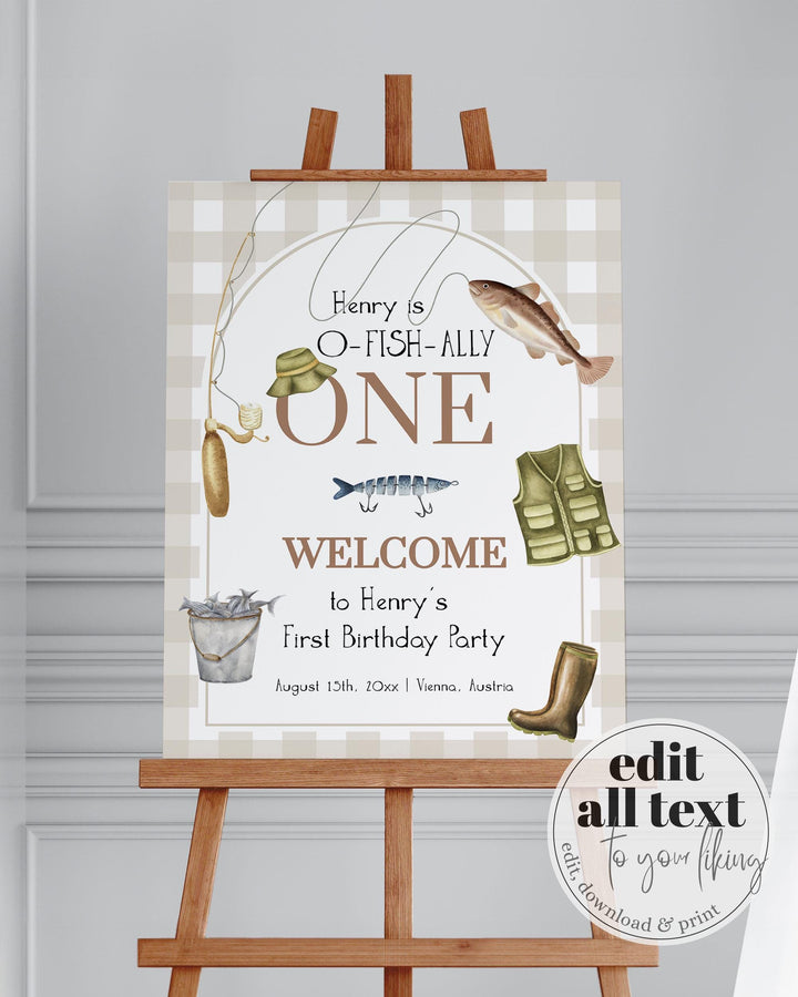 Fisherman Baby Shower Welcome Sign, Gender Neutral Fishing 1st Birthday Sign, Boy Reel Excited Fish Outdoor Sign Decorations Template #068 - TheLovebirdsDesign