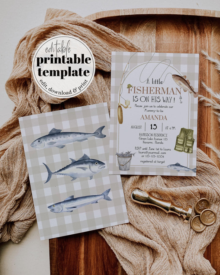 Fisherman Baby Shower Bundle, Gender Neutral Fish Baby Shower Invitation, Boy Reel Fish Invite, Gingham Fishing Shower Decor Template #068 - TheLovebirdsDesign