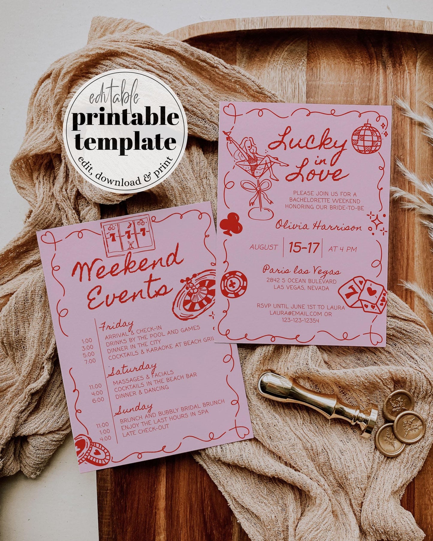 Lucky in Love Handwritten Bachelorette Invitation, Las Vegas Bridal Shower Girls Trip Bach Weekend Itinerary Printable Template Invite #072 - TheLovebirdsDesign