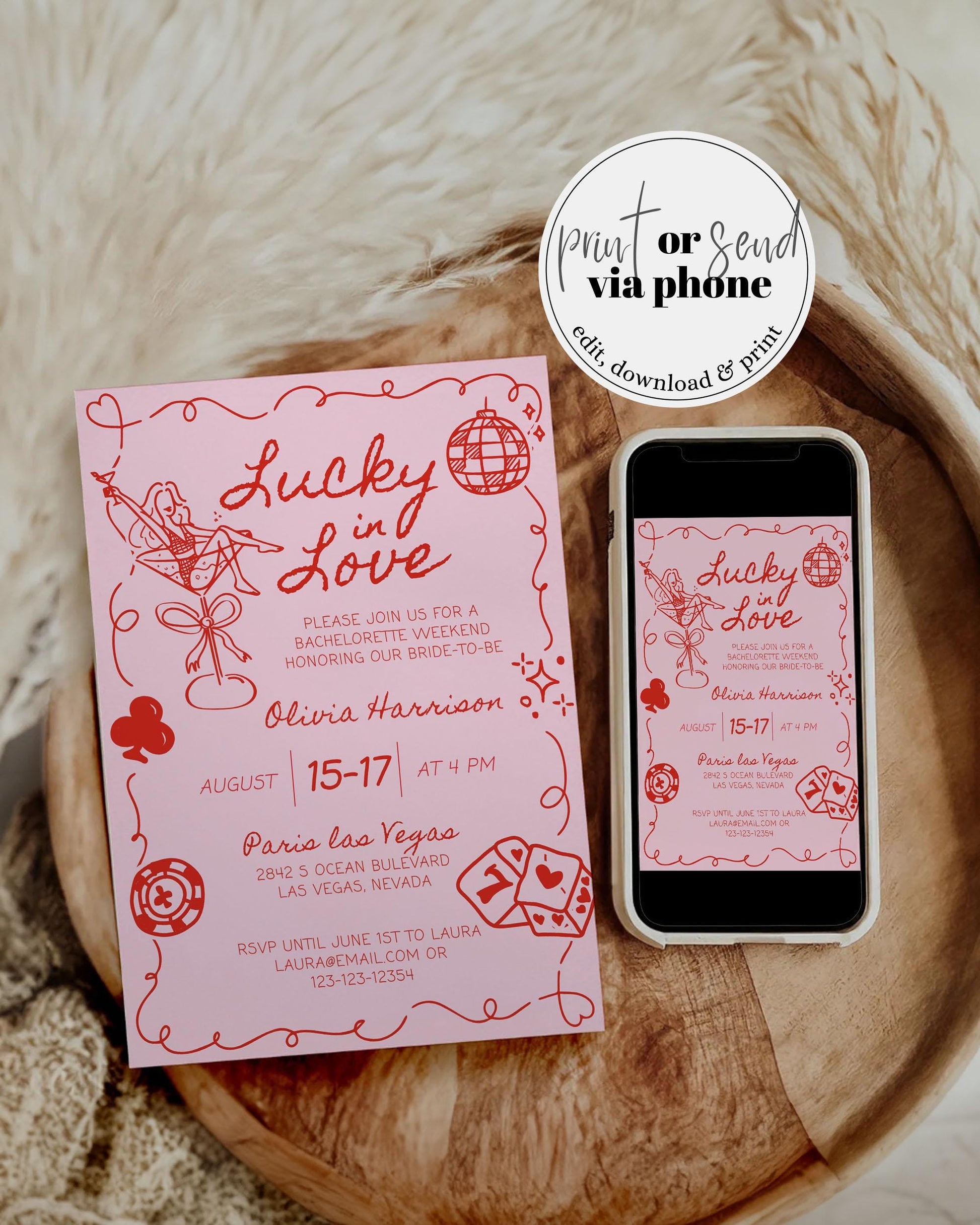 Lucky in Love Handwritten Bachelorette Invitation, Las Vegas Bridal Shower Girls Trip Bach Weekend Itinerary Printable Template Invite #072 - TheLovebirdsDesign