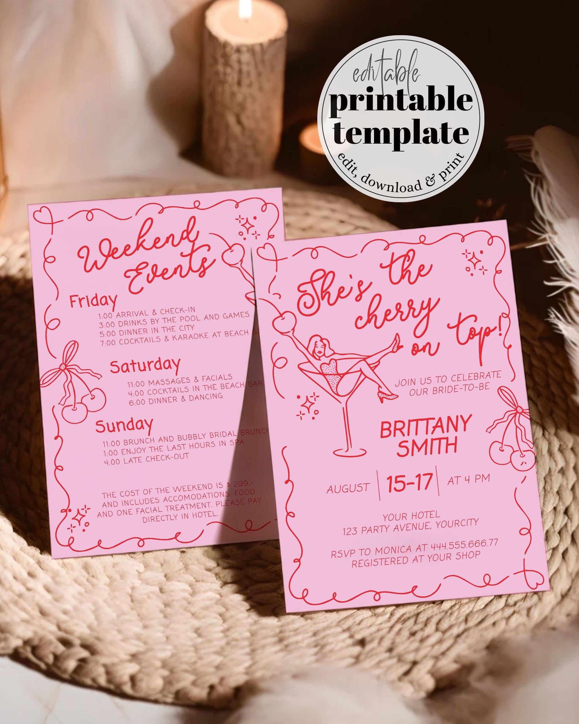 Cherry Martini Bachelorette Itinerary, Funky Handwritten Cherry on Top Martini Bach Party Invitation, Cocktail Bachelorette Template #070 - TheLovebirdsDesign