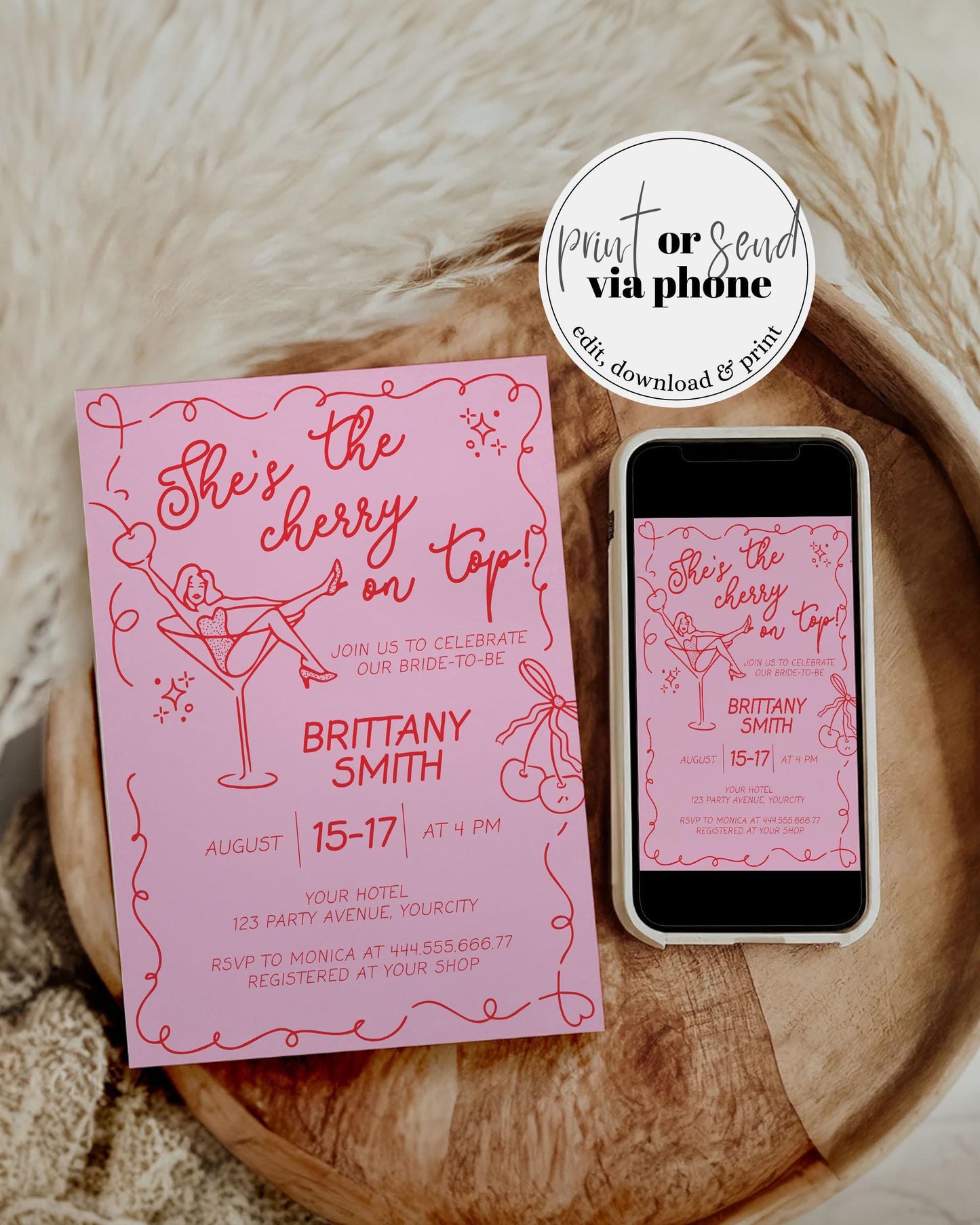 Cherry Martini Bachelorette Itinerary, Funky Handwritten Cherry on Top Martini Bach Party Invitation, Cocktail Bachelorette Template #070 - TheLovebirdsDesign