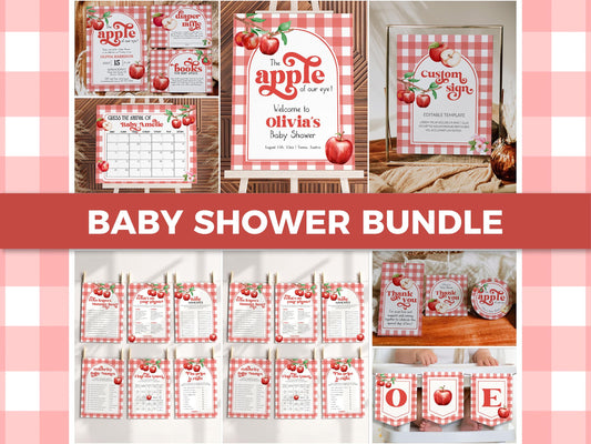 Apple of our Eye Baby Shower Bundle, Apple Themed Shower Invitation, Coquette Apple Shower Games, Fall Baby Shower Decor Template Set #068 - TheLovebirdsDesign