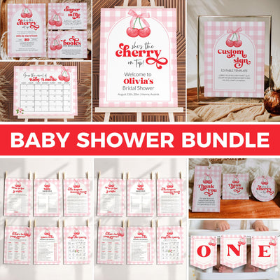 Cherry themed Baby Shower Bundle, Cherry Sweet Coquette Baby Shower Games Set, Gingham Party Decor Signs Printable Template Bundle #068 - TheLovebirdsDesign