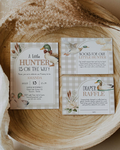 Mallard Ducks Hunt Baby Shower Invitation Suite, Duck Hunt Theme Party Invites, Boys Lucky Duck Baby Shower, Printable Party Invitation #068 - TheLovebirdsDesign
