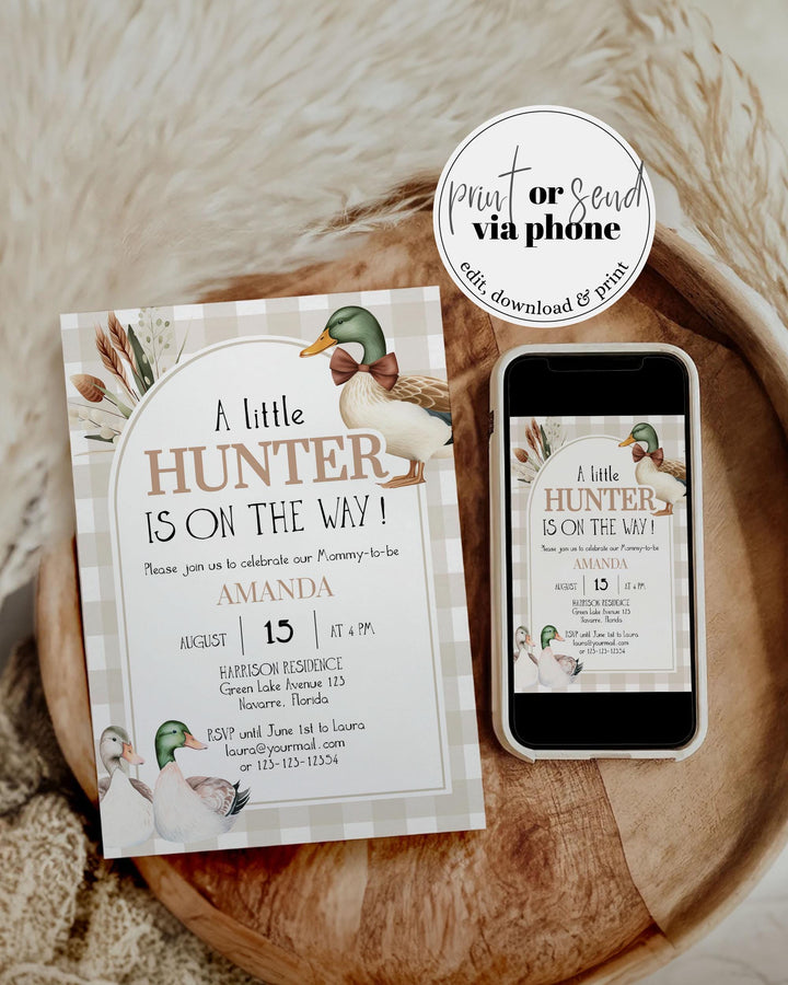 Mallard Ducks Hunt Baby Shower Invitation Suite, Duck Hunt Theme Party Invites, Boys Lucky Duck Baby Shower, Printable Party Invitation #068 - TheLovebirdsDesign