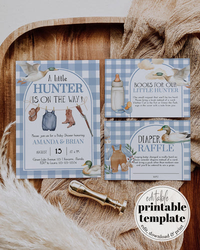 Boy Duck Hunting Baby Shower, Mallard Ducks Baby Shower Invitation, Duck Theme Party Invite, Lucky Duck Printable Invitation Template #068 - TheLovebirdsDesign