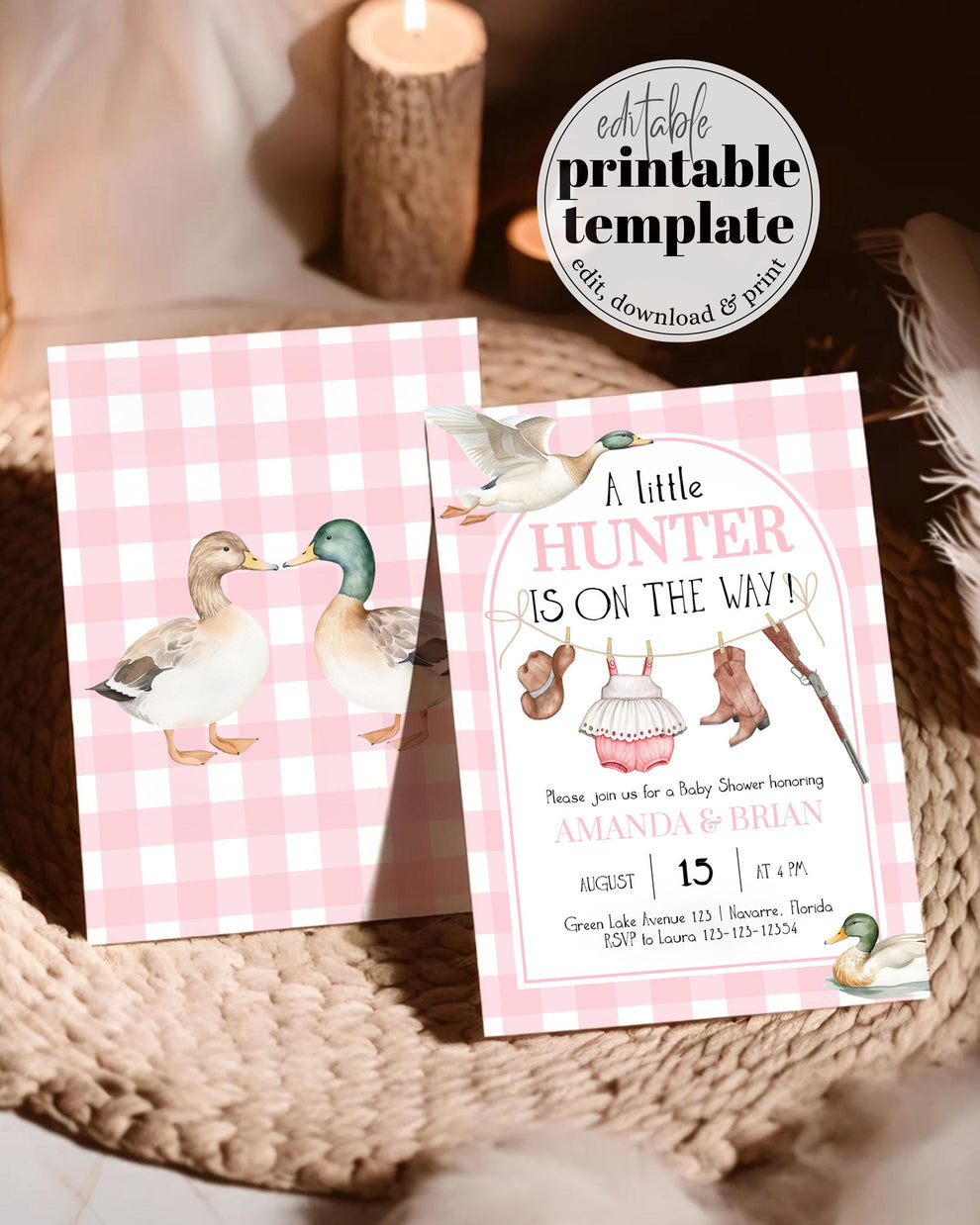 Girl Duck Hunt Baby Shower Invitation, Mallard Duck Hunting Baby Shower Invite, Baby Clothes Themed Party Invite, Lucky Duck Template