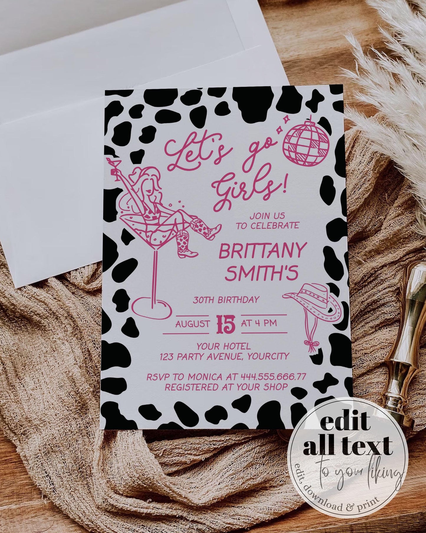 Pink Cocktail Cowgirl Birthday Invitation, Adult Woman Space Disco Cowgirl Party Invite, Rodeo 30th Birthday Nashville Bash Template #070 - TheLovebirdsDesign