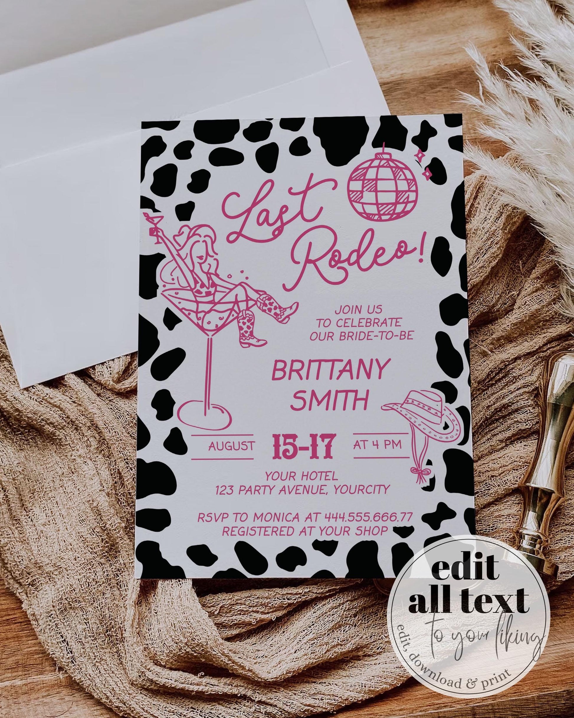 Nashville Bachelorette Itinerary, Last Rodeo Bachelorette Weekend Invite, Disco Cowgirl Pink Bachelorette Theme Handwritten Template #070 - TheLovebirdsDesign