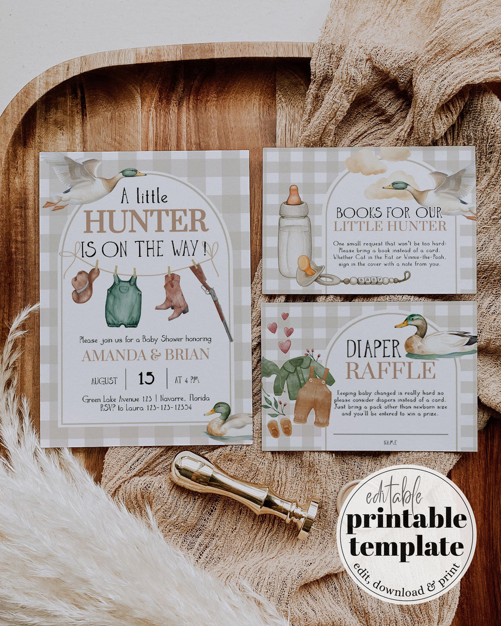 Gender Neutral Duck Hunt Baby Shower Invitation, Mallard Duck Hunting Baby Shower Invite, Lucky Duck Baby Clothes Themed Template