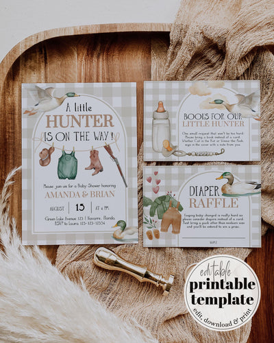 Gender Neutral Duck Hunt Baby Shower Invitation, Mallard Duck Hunting Baby Shower Invite, Lucky Duck Baby Clothes Themed Template #068 - TheLovebirdsDesign