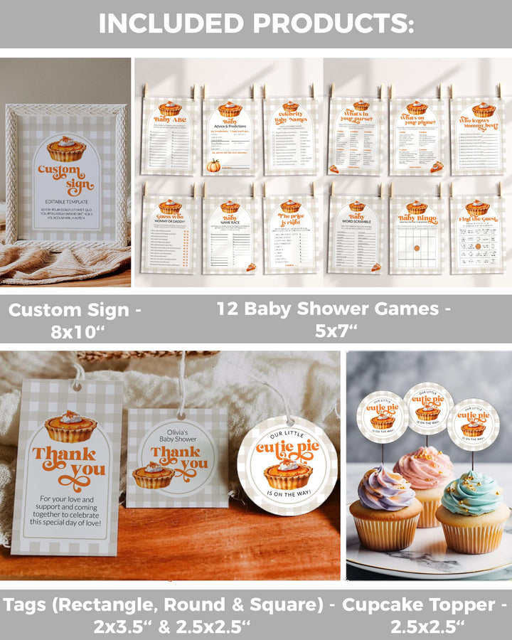 Cutie Pie Baby Shower Bundle, Pumpkin Pie Baby Shower Party Decor Set with Invitation, Welcome Sign, Tags, Games for Fall Baby Party #068 - TheLovebirdsDesign