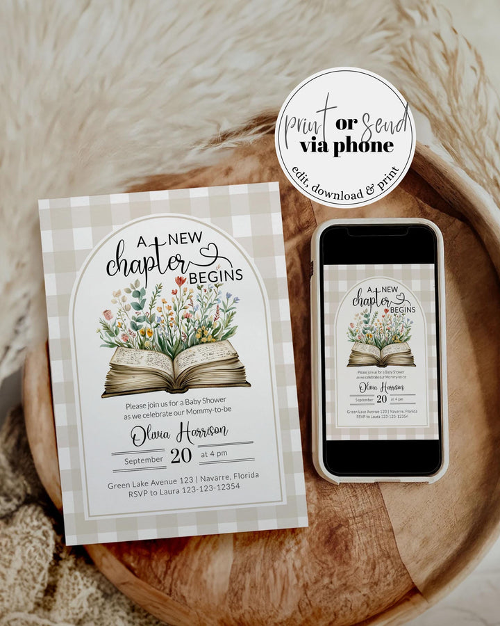 New Chapter Begins Baby Shower Invitation, Gender Neutral Story Book Baby Shower Invite, Wildflower Storybook Theme Baby Party Template #068 - TheLovebirdsDesign