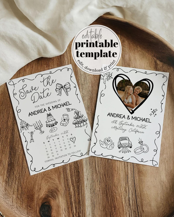 Handwritten Wavy Save the Date Calendar, Handdrawn Funky Doodle Save the Date Invite, Scribble Invite for Whimsical Shower Template #070 - TheLovebirdsDesign