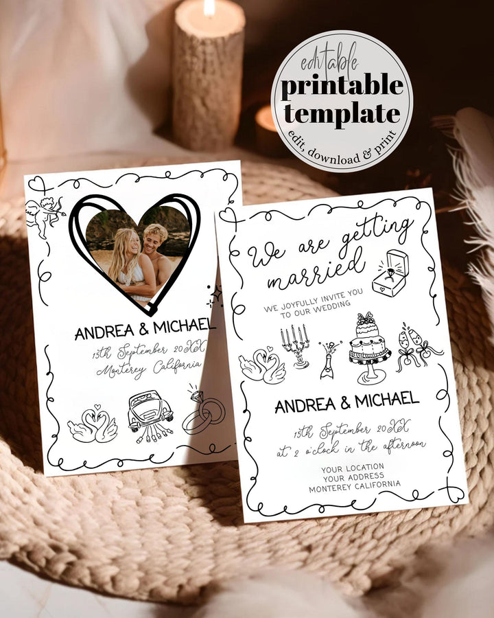 Fun Wedding Invite, Quirky Doodle Wedding Suite, Handdrawn Wavy Wedding Invitation Set, Illustrated Scribble Invite Whimsical Wedding #070 - TheLovebirdsDesign