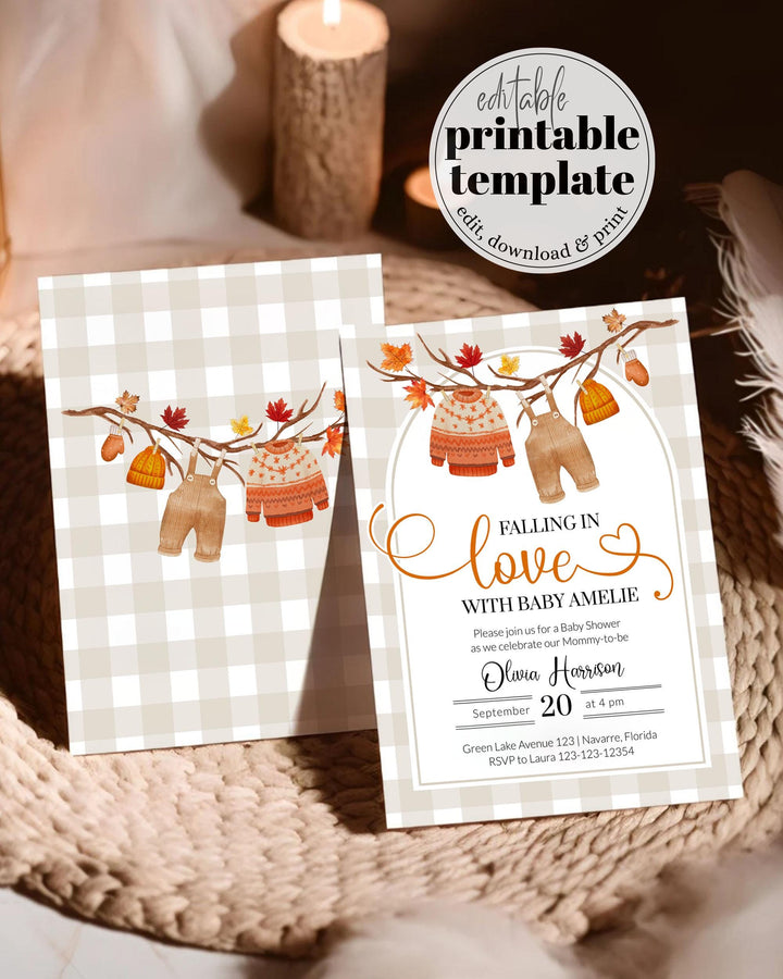 Falling in Love Baby Shower Invitation, Editable Autumn Baby Shower Invite, Gender Neutral Baby Shower, Autumn Floral Shower Invite #068 - TheLovebirdsDesign