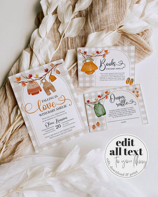 Falling in Love Baby Shower Invitation, Editable Autumn Baby Shower Invite, Gender Neutral Baby Shower, Autumn Floral Shower Invite #068 - TheLovebirdsDesign