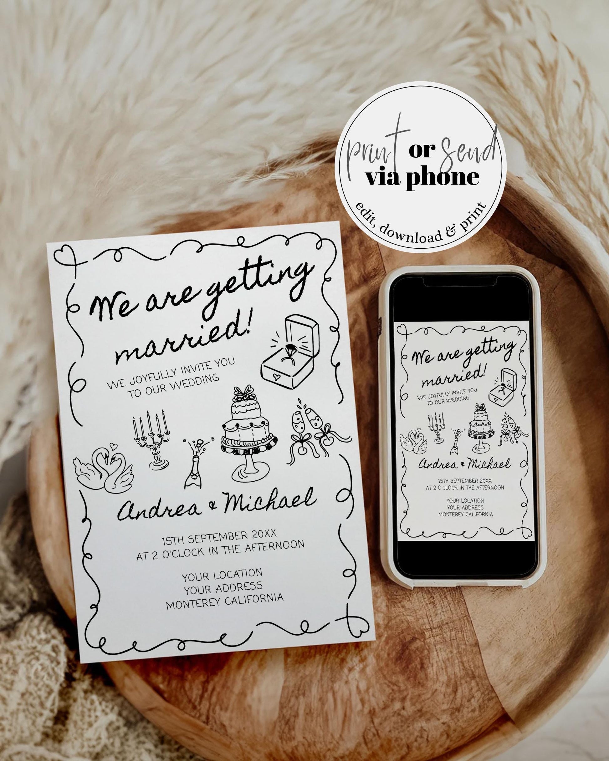 Hand drawn Wedding Invite with Wavy Frame, Funky Doodle Wedding Invitation Suite, Scribbled Illustrated Quirky Wedding Template #070 - TheLovebirdsDesign