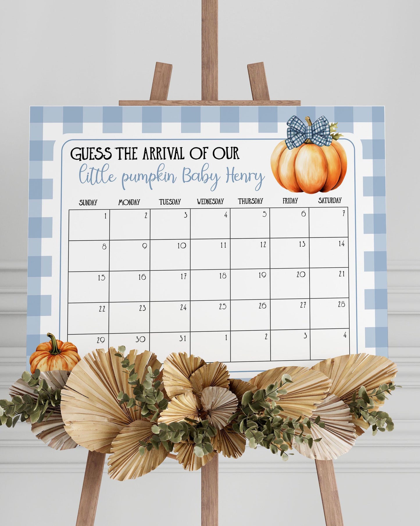 Pumpkin Bow Due Date Game Sign for Fall Baby Shower, Little Pumpkin Fall Baby Arrival Game Sign Decor, Cottagecore Gingham Template #068 - TheLovebirdsDesign