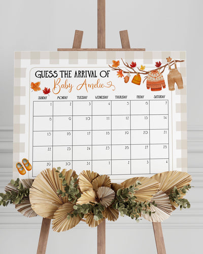Fall Baby Shower Guess Due Date Sign, Gender Neutral Fall Baby Arrival Game Sign, Autumn September October Baby Shower Template #068 - TheLovebirdsDesign