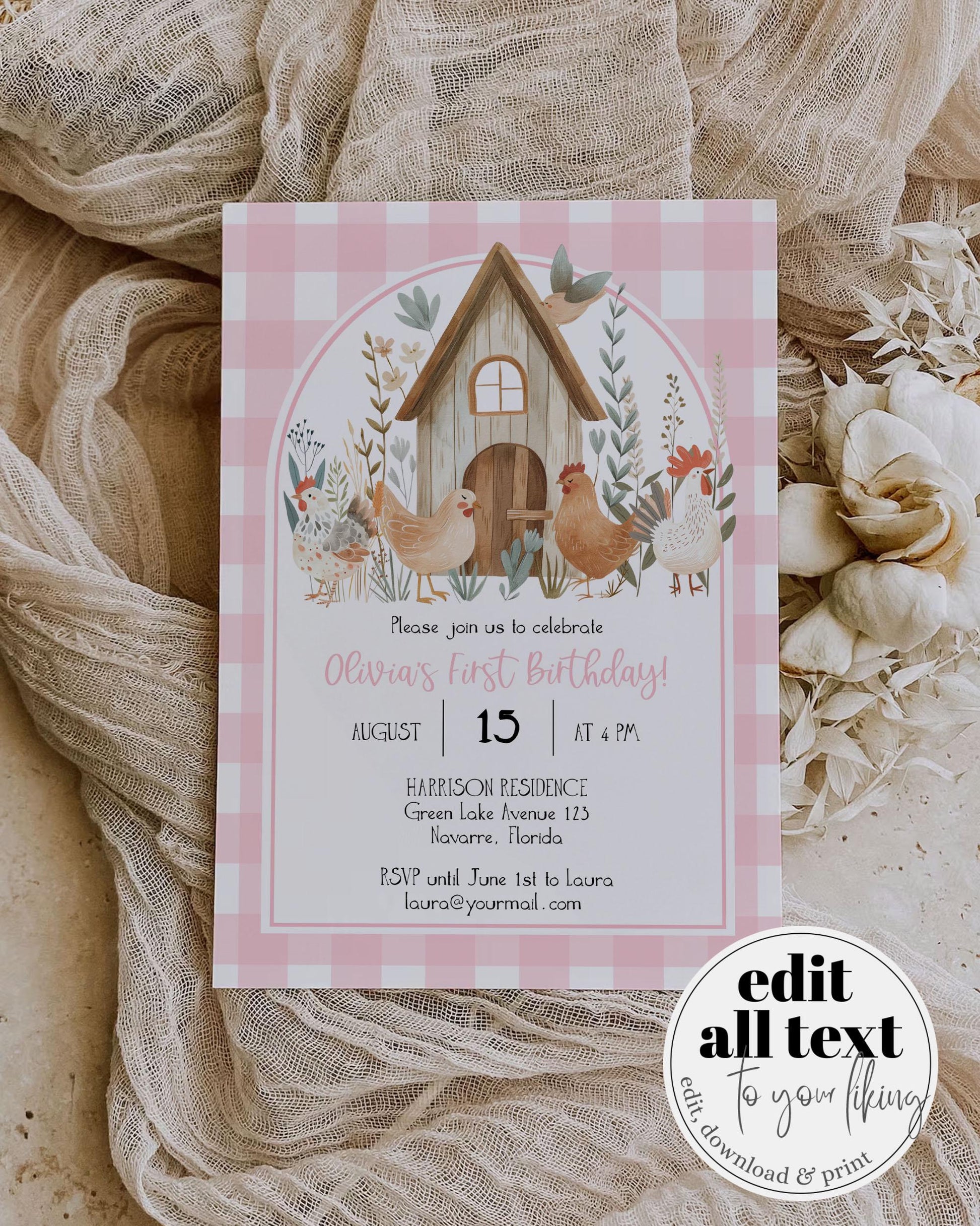 Chicken First Birthday Invitation Girl, Boho ONE cute Chick 1st Birthday Invite, Cute Chicken Farm Barn Party Animal Printable Template #068 - TheLovebirdsDesign