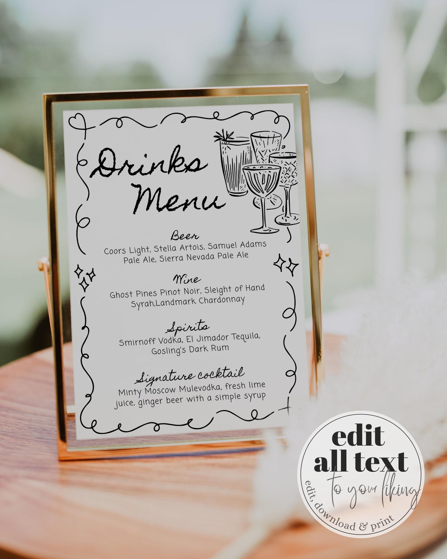 Hand drawn editable Bar Menu for Whimsical Wedding, Scribble Cocktail Menu Card, Funky Menu Template, Doodle Signature Cocktail Menu #070 - TheLovebirdsDesign