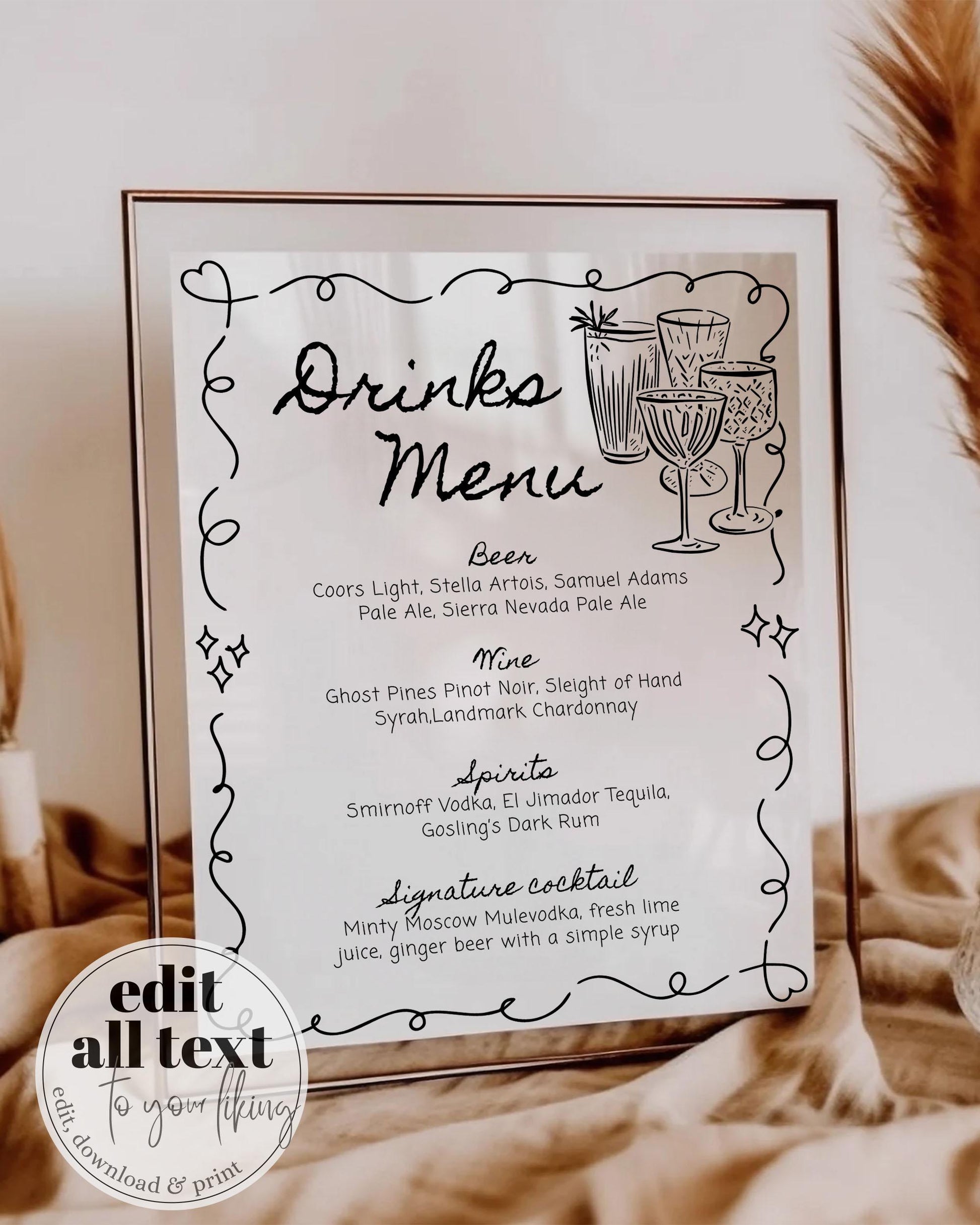 Hand drawn editable Bar Menu for Whimsical Wedding, Scribble Cocktail Menu Card, Funky Menu Template, Doodle Signature Cocktail Menu #070 - TheLovebirdsDesign