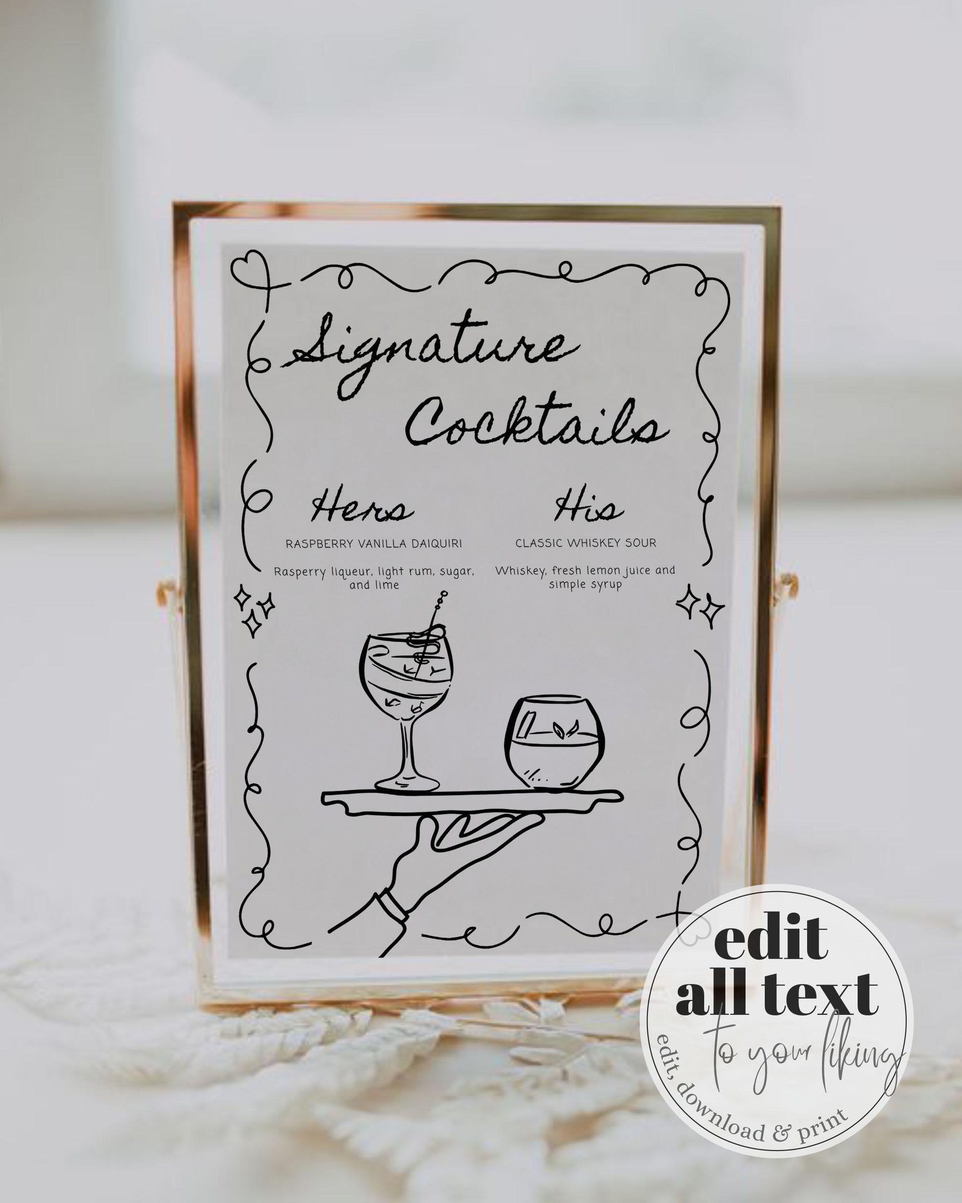 Doodle Signature Cocktail Menu, Hand drawn Scribble Bar Menu for Whimsical Wedding Funky Cocktail Menu Card Quirky Illustrated Template #070 - TheLovebirdsDesign