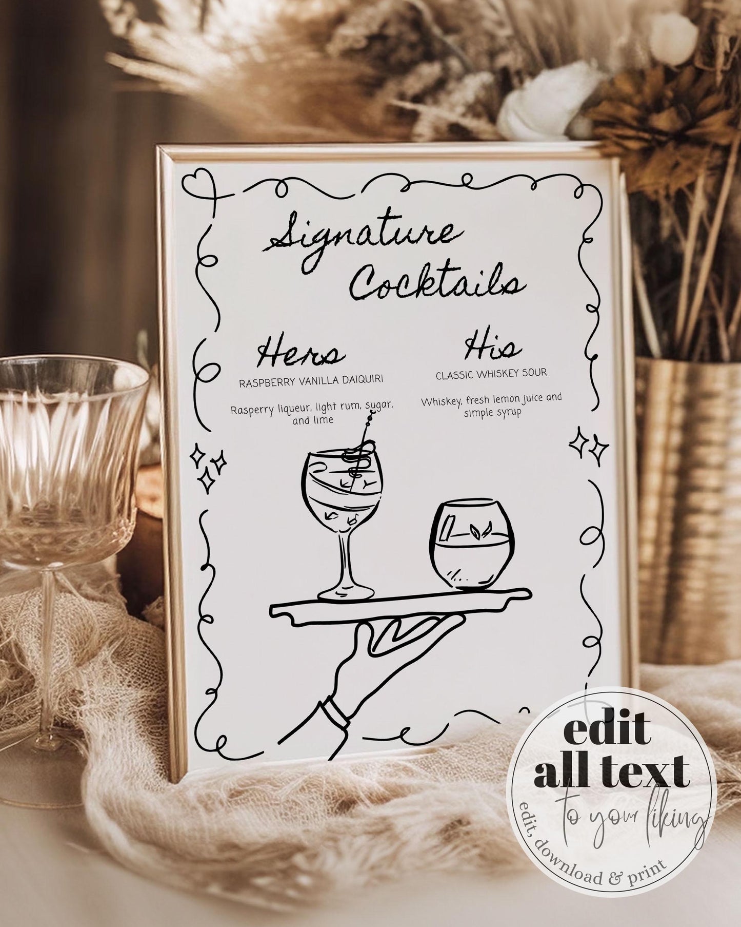 Doodle Signature Cocktail Menu, Hand drawn Scribble Bar Menu for Whimsical Wedding Funky Cocktail Menu Card Quirky Illustrated Template #070 - TheLovebirdsDesign