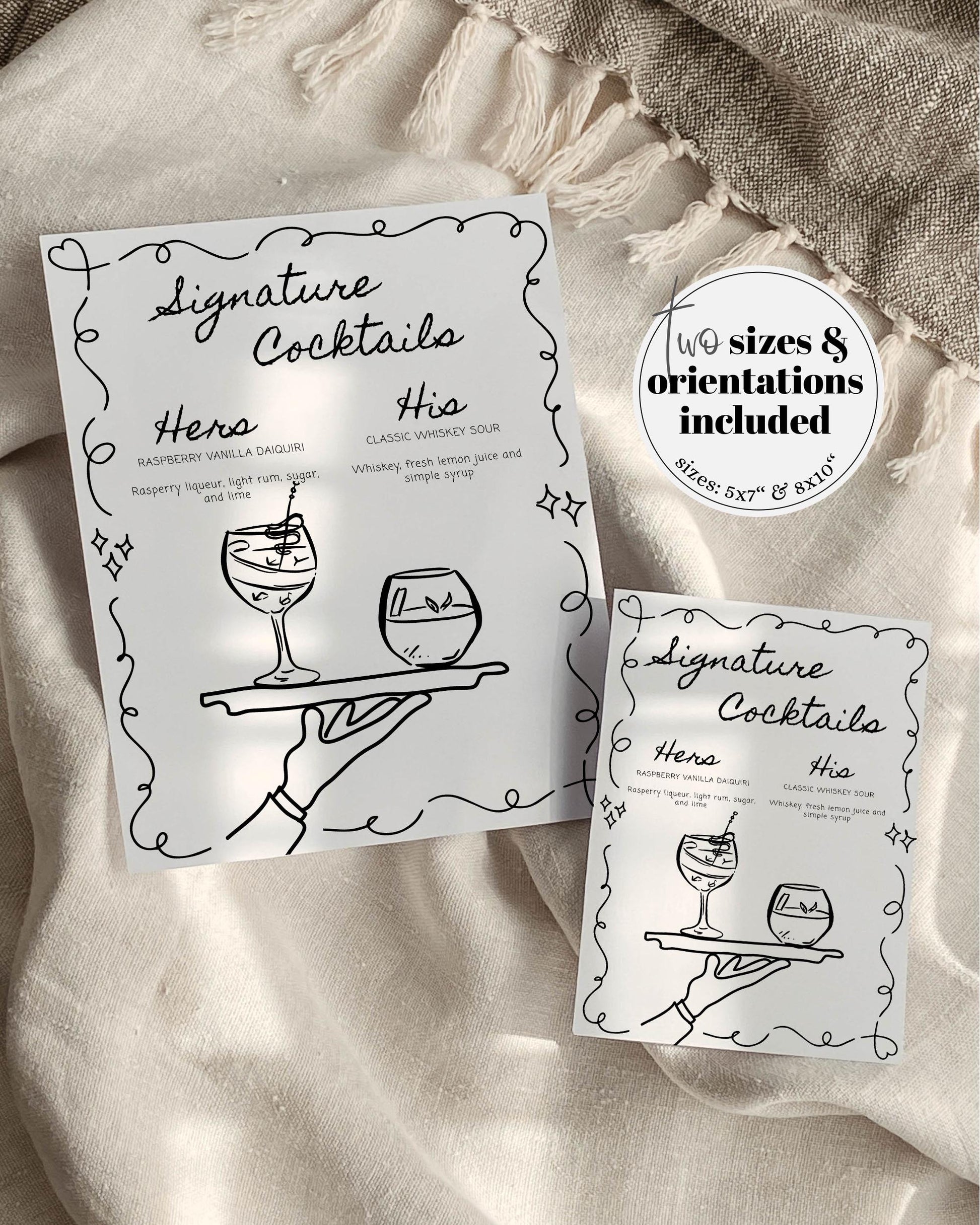 Doodle Signature Cocktail Menu, Hand drawn Scribble Bar Menu for Whimsical Wedding Funky Cocktail Menu Card Quirky Illustrated Template #070 - TheLovebirdsDesign