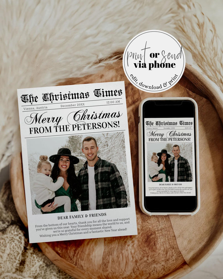 Newspaper Christmas Card with Photo, Holiday Card Template, Northpole Christmas Newsletter, Year in Review Printable Card 4 Pages #065b - TheLovebirdsDesign