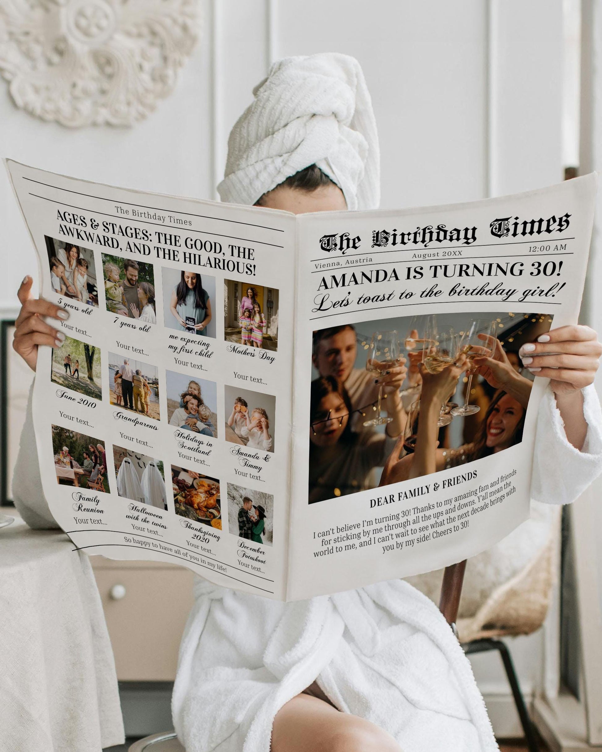 Editable Newspaper Template for 30th Birthday Invitation, Birthday Times for any age, Large Newspaper 4 Pages, Personal Custom News #065b - TheLovebirdsDesign