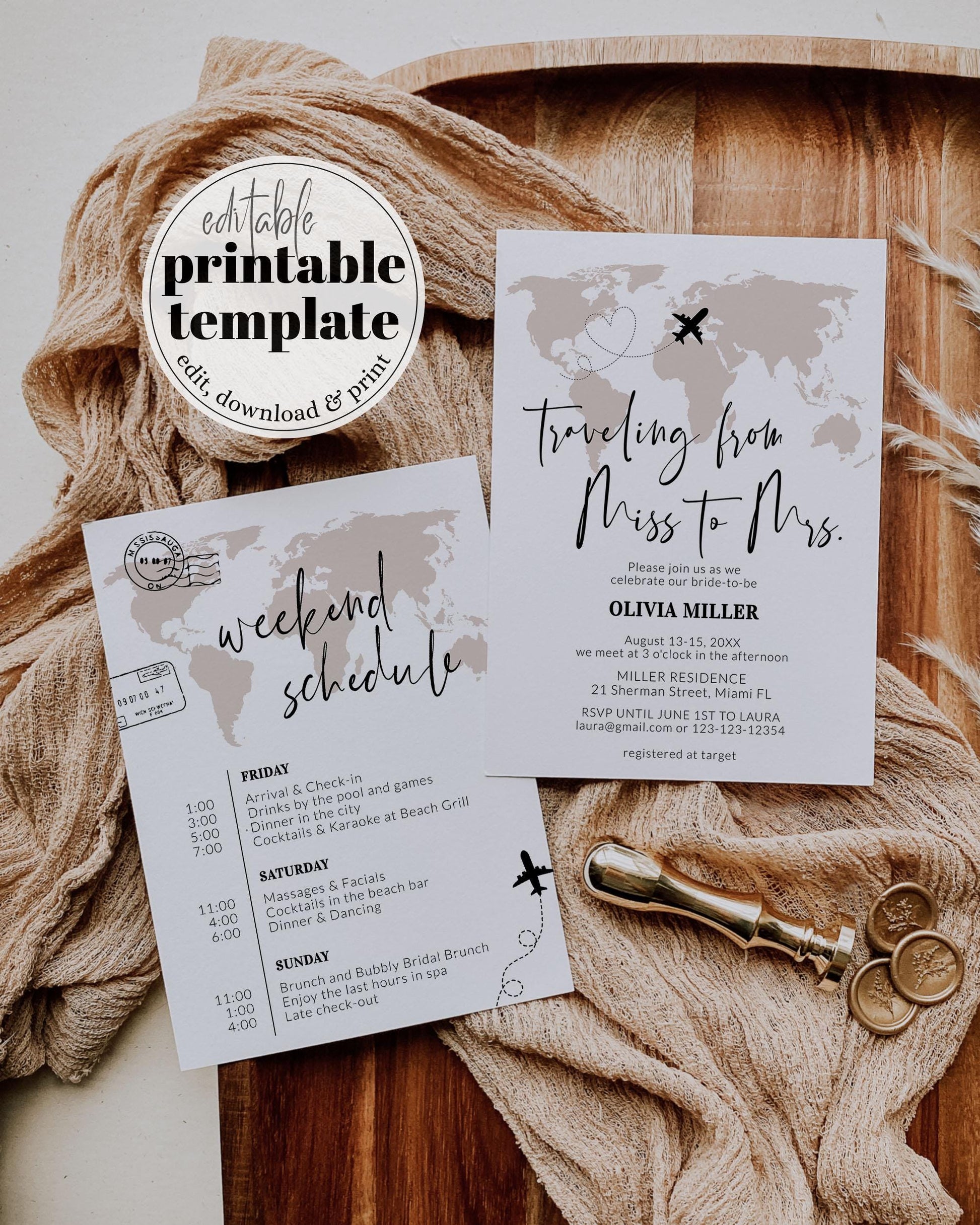 Travel Bridal Shower, Hen do itinerary, World Map Weekend Schedule Boarding pass, Destination Themed Bachelorette Itinerary Template #072w - TheLovebirdsDesign