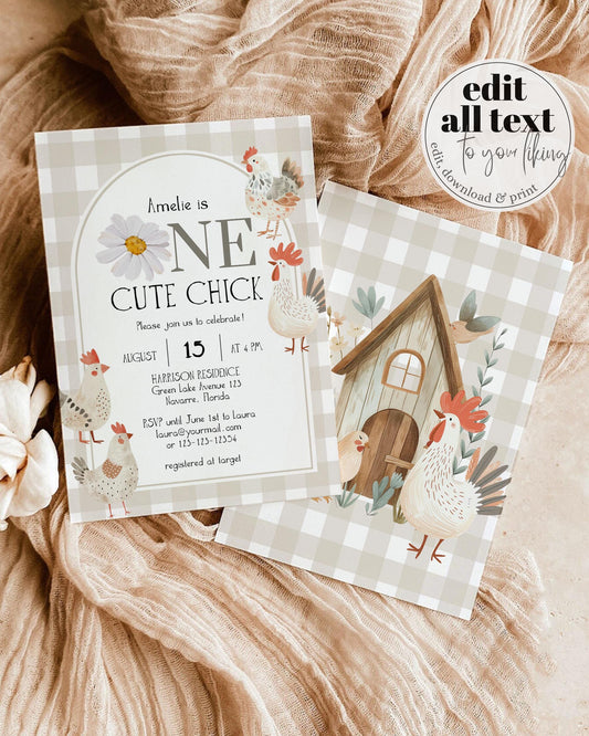 One Cute Chick First Birthday Invitation, Gender Neutral Chicken Themed 1st Birthday Invite, Cute Farm Animal Invite Printable Template #068 - TheLovebirdsDesign