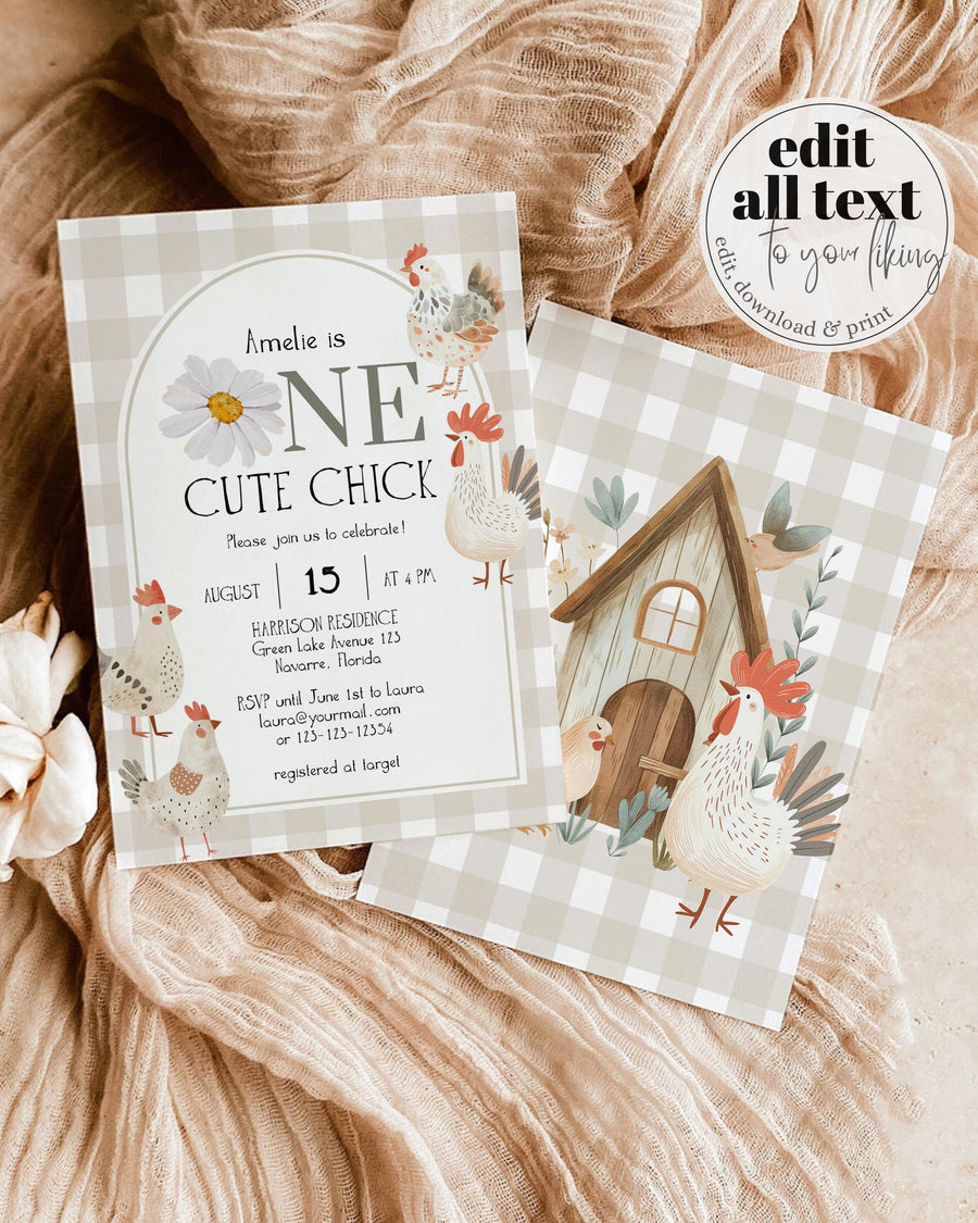 Chicken Themed First Birthday Invitation Template, Gender Neutral Farm Animal Party Invite 005BE-BINV - marryful.org