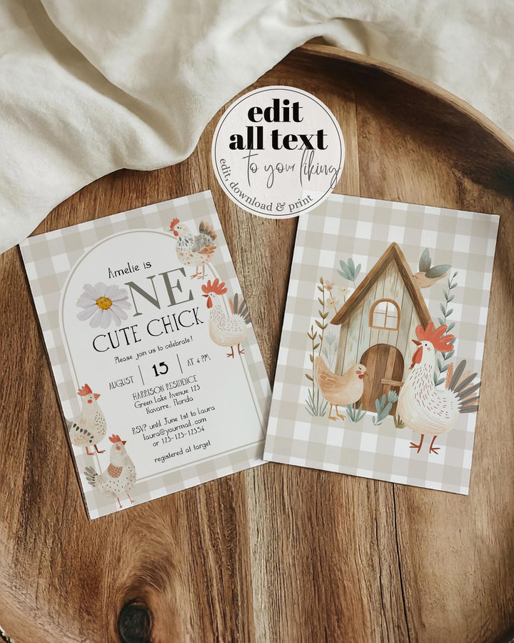 One Cute Chick First Birthday Invitation, Gender Neutral Chicken Themed 1st Birthday Invite, Cute Farm Animal Invite Printable Template #068 - TheLovebirdsDesign