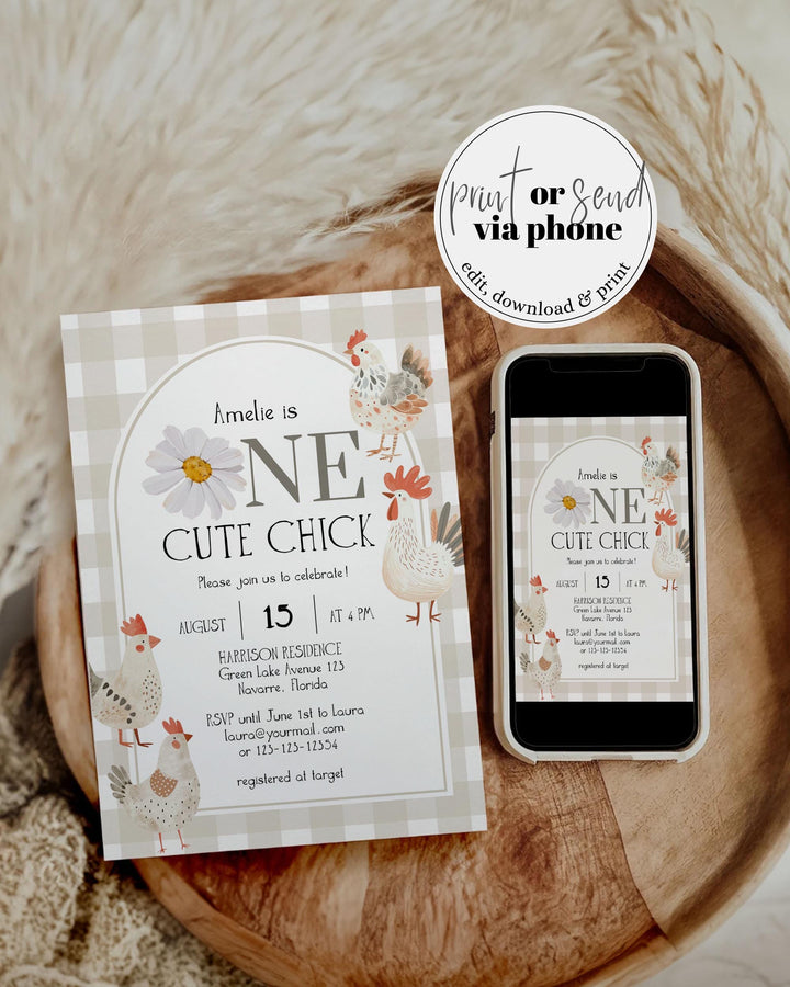 One Cute Chick First Birthday Invitation, Gender Neutral Chicken Themed 1st Birthday Invite, Cute Farm Animal Invite Printable Template #068 - TheLovebirdsDesign