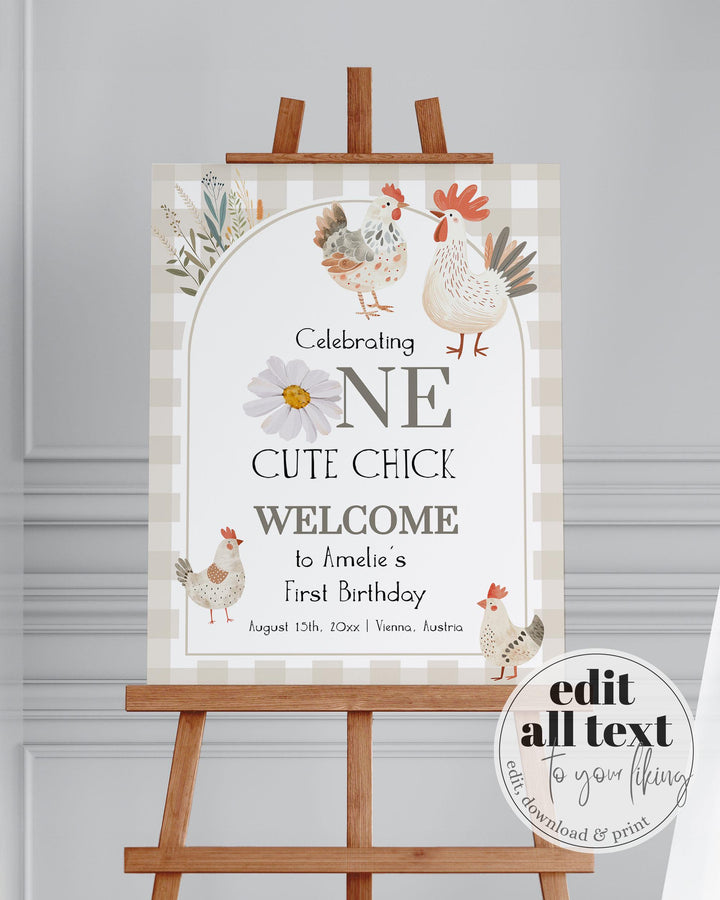 One Cute Chick First Birthday Welcome Sign, Gender Neutral Chicken Themed 1st Birthday Sign, Cute Farm Animal Decor Printable Template #068 - TheLovebirdsDesign