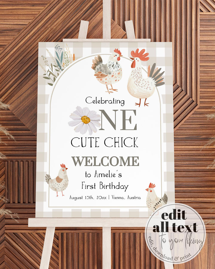One Cute Chick First Birthday Welcome Sign, Gender Neutral Chicken Themed 1st Birthday Sign, Cute Farm Animal Decor Printable Template #068 - TheLovebirdsDesign