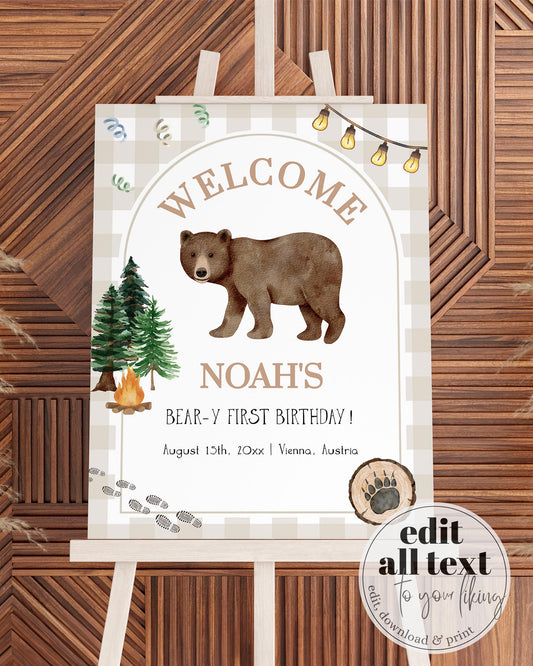 Woodland Bear Welcome Sign, Beary First Birthday, One Happy Camper Lumberjack 1st Birthday Gender Neutral Bear Party Decorations #068 - TheLovebirdsDesign