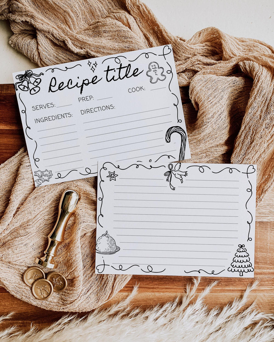 Christmas Recipe Card 2026, Hand Drawn Doodle Editable 5.5x4 Holiday Keepsake Template 095BW-RECA