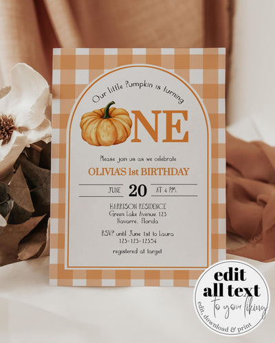 Pumpkin Birthday Invitation Boys or Girls Little Pumpkin Gingham Thanksgiving 1st Birthday Invite Editable Fall First Birthday Suite #068 - TheLovebirdsDesign