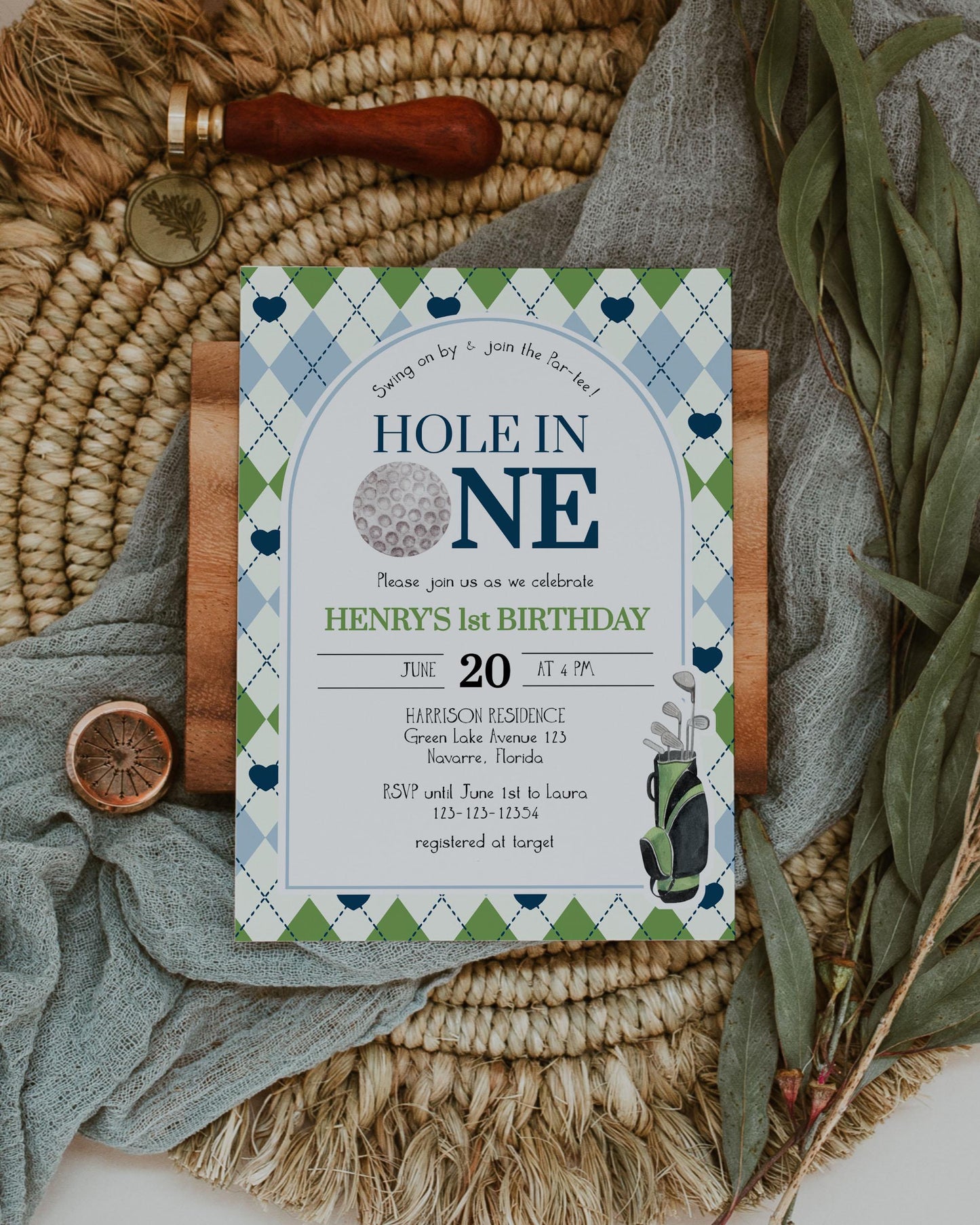 Boys Hole in ONE First Birthday Partee Invitation, Golf Masters 1st Birthday Invite, Golf Birthday Suite for Boys, Coquette Template #068 - TheLovebirdsDesign