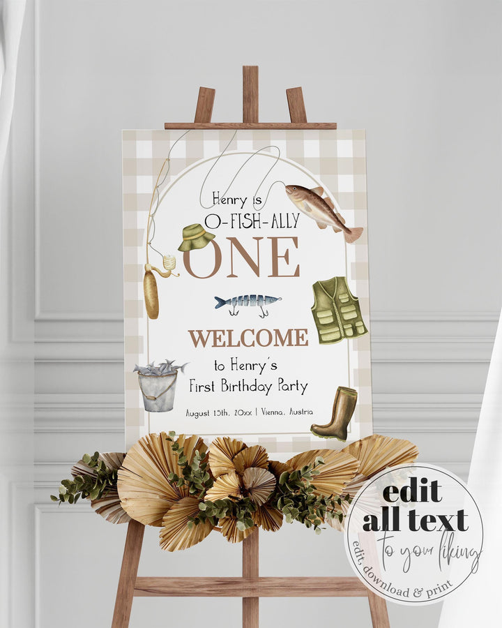 Fisherman Baby Shower Welcome Sign, Gender Neutral Fishing 1st Birthday Sign, Boy Reel Excited Fish Outdoor Sign Decorations Template #068 - TheLovebirdsDesign