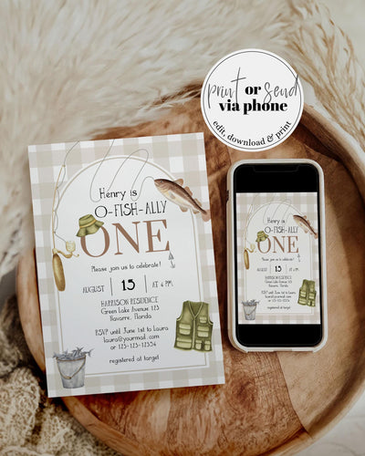 Fisherman First Birthday Invitation, Gender Neutral Fishing 1st Birthday Invite, Outdoor Boy Reel Fish Invite, Boy Fishing Party Decor #068 - TheLovebirdsDesign