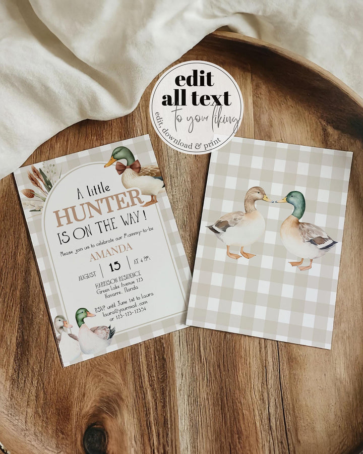 Mallard Ducks Hunt Baby Shower Invitation Suite, Duck Hunt Theme Party Invites, Boys Lucky Duck Baby Shower, Printable Party Invitation #068 - TheLovebirdsDesign