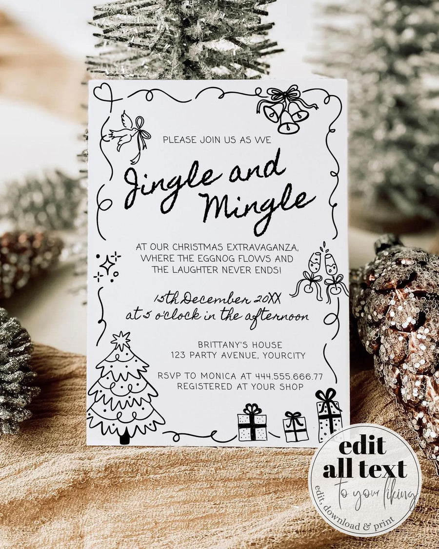 Funky Jingle and Mingle Christmas Party Invitation, Hand Drawn Friendsmas Holiday Cocktail Template 070BW-CHPAINV
